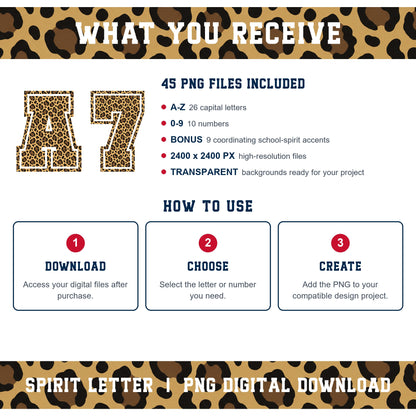 Leopard Varsity Alphabet and Numbers PNG Set