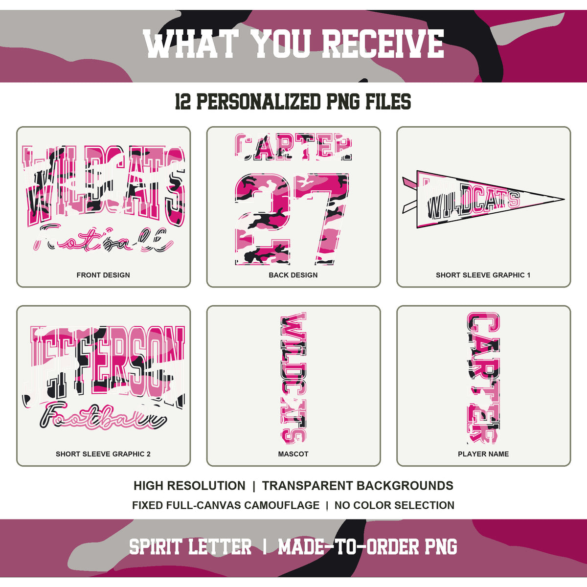 Custom Pink Camouflage Varsity Team Personalized School Spirit PNG Design Bundle