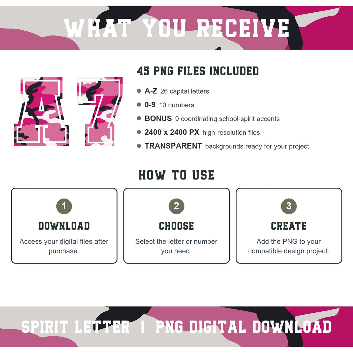 Pink Camouflage Varsity Alphabet and Numbers PNG Set