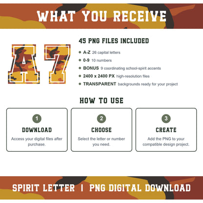 Orange Camouflage Varsity Alphabet and Numbers PNG Set