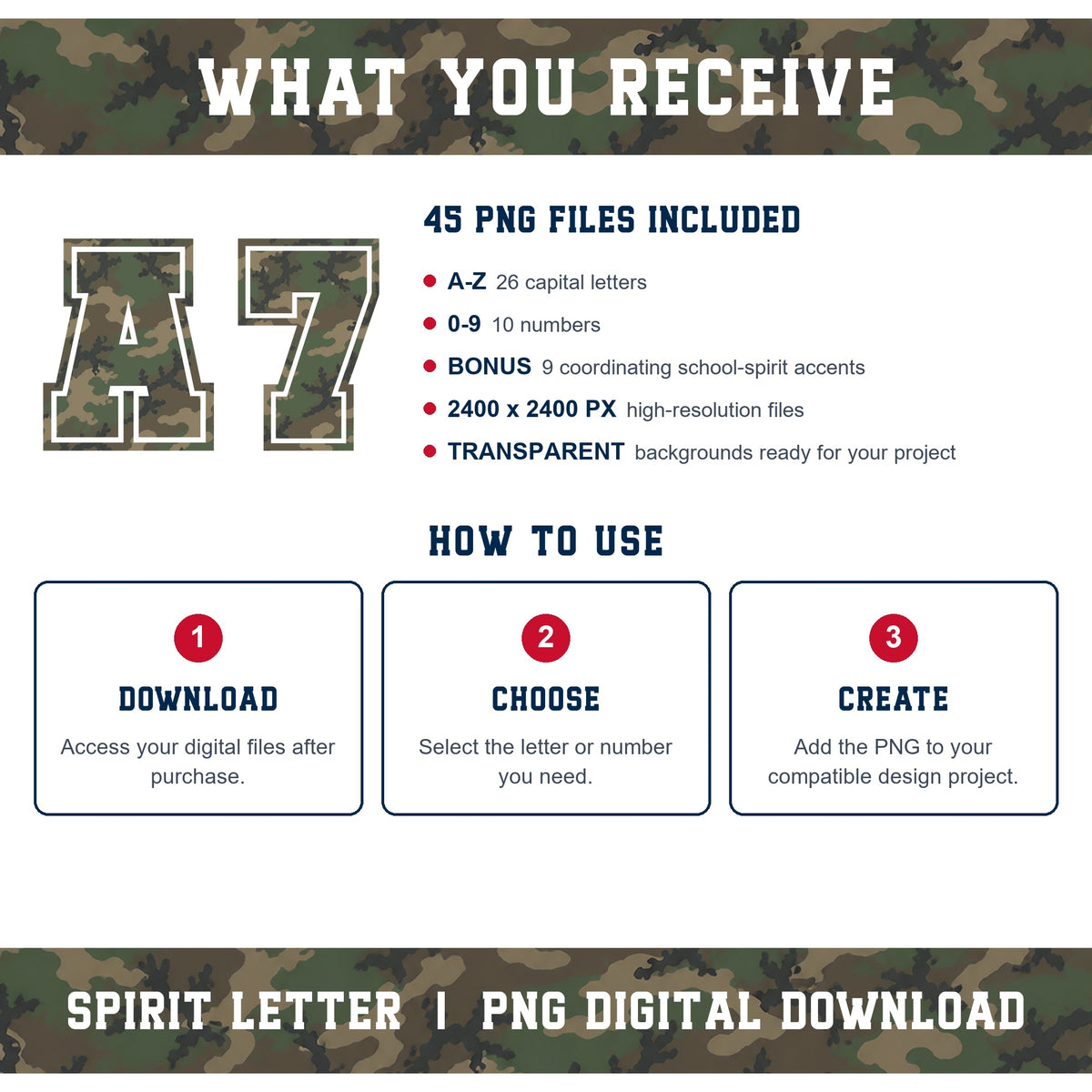 Woodland Camouflage Varsity Alphabet and Numbers PNG Set