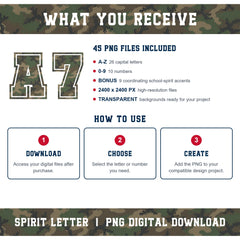Woodland Camouflage Varsity Alphabet and Numbers PNG Set