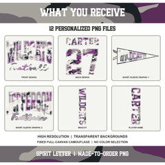 Custom Purple Camouflage Varsity Team Personalized School Spirit PNG Design Bundle