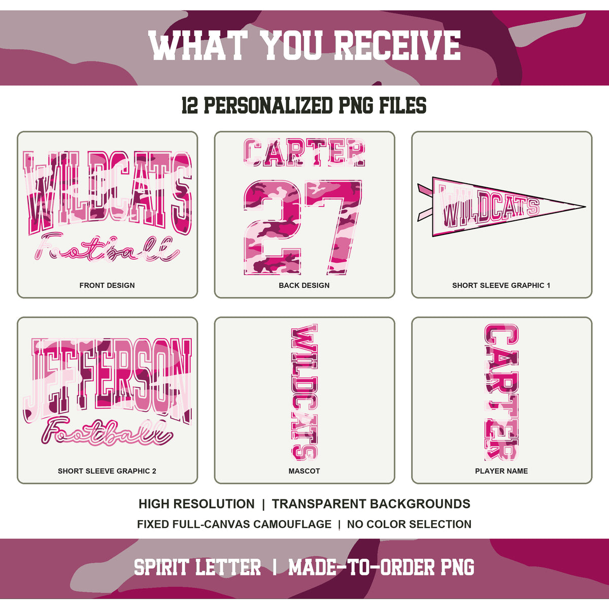 Custom Hot Pink Camouflage Varsity Team Personalized School Spirit PNG Design Bundle