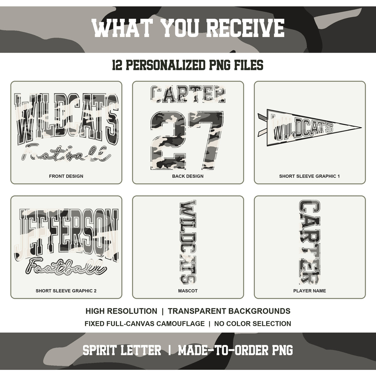 Custom Urban Camouflage Varsity Team Personalized School Spirit PNG Design Bundle