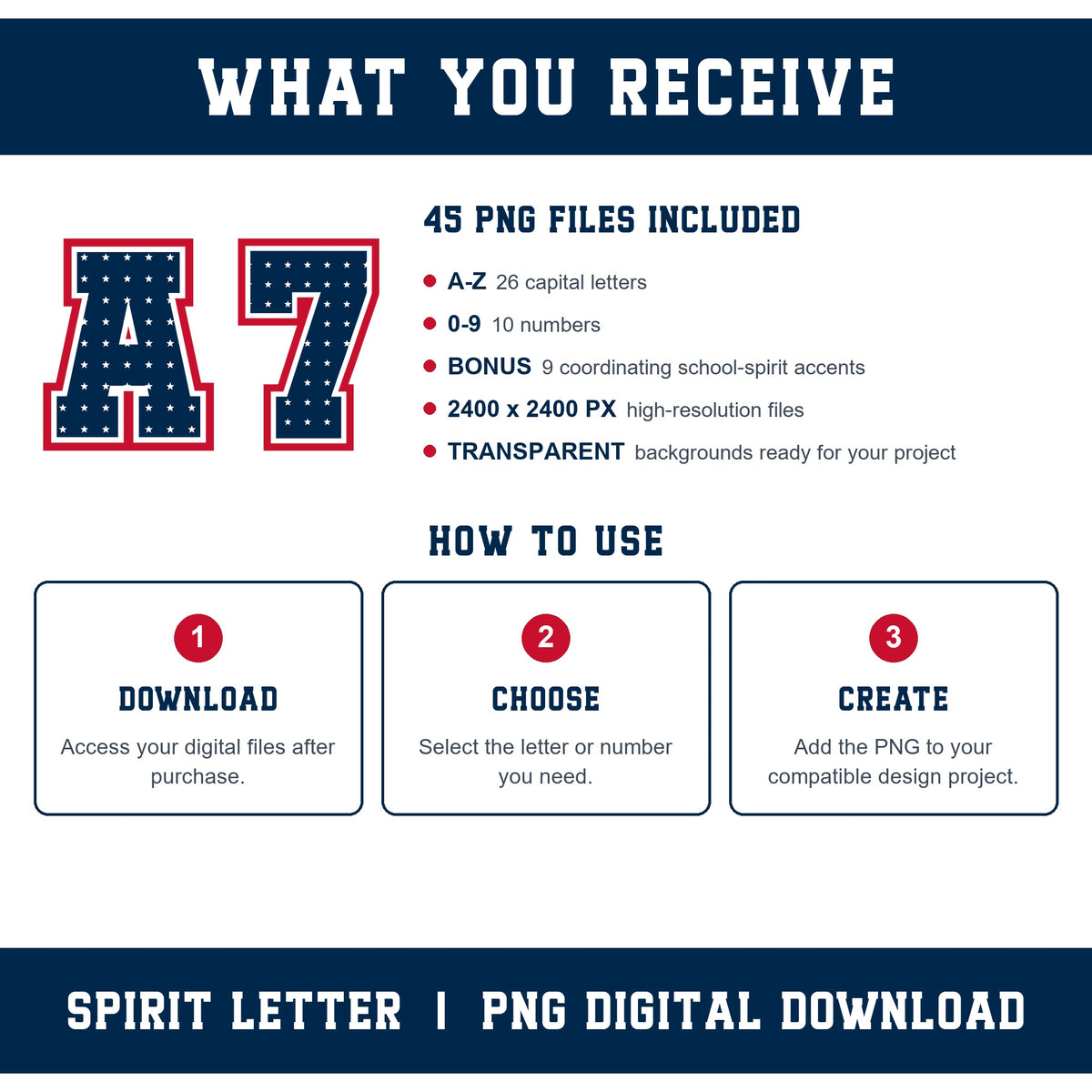 Custom Personalized Team Color Stars Varsity Alphabet and Numbers PNG Set