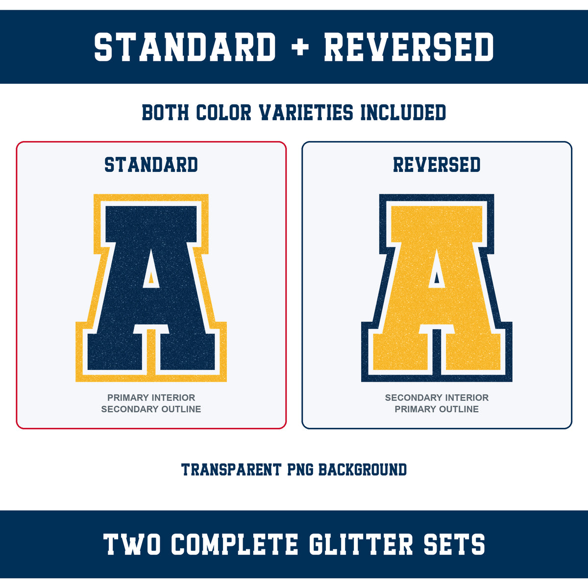 Custom Personalized Team Color Glitter Varsity Alphabet and Numbers PNG Set