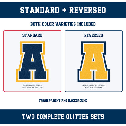 Custom Personalized Team Color Glitter Varsity Alphabet and Numbers PNG Set
