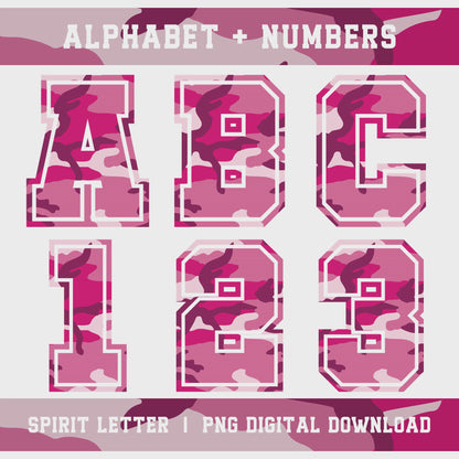 Hot Pink Camouflage Varsity Alphabet and Numbers PNG Set slideshow