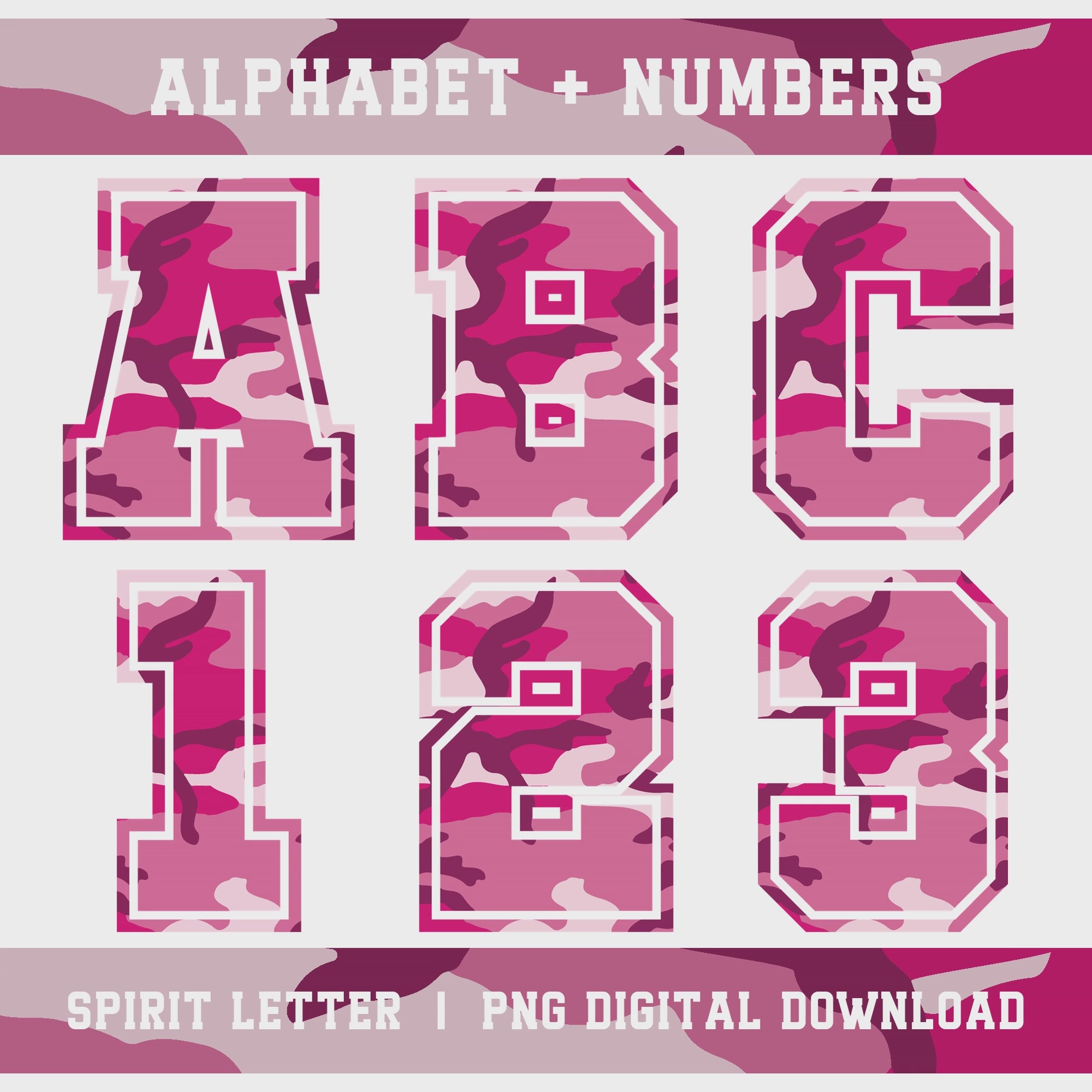 Hot Pink Camouflage Varsity Alphabet and Numbers PNG Set slideshow