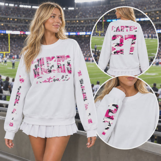 Custom Pink Camouflage Varsity Team Personalized Long Sleeve School Spirit PNG Designs slideshow