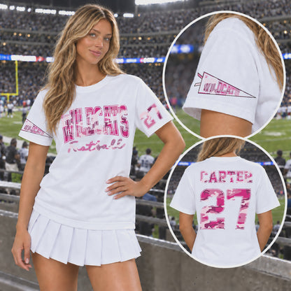 Custom Hot Pink Camouflage Varsity Team Personalized Short Sleeve School Spirit PNG Designs slideshow
