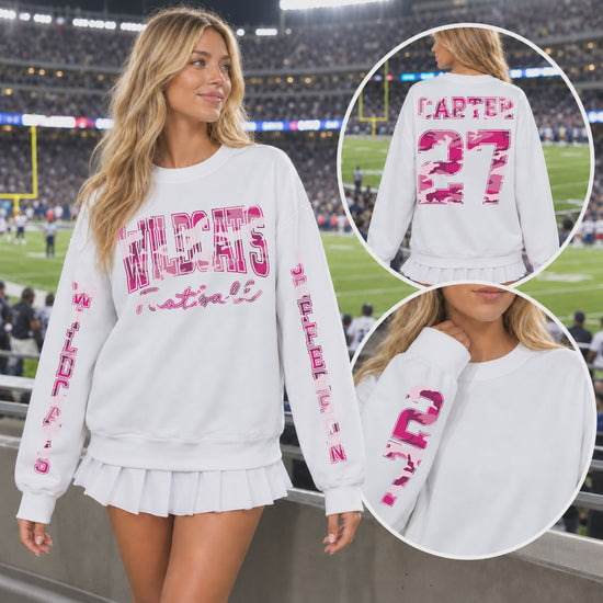Custom Hot Pink Camouflage Varsity Team Personalized Long Sleeve School Spirit PNG Designs slideshow