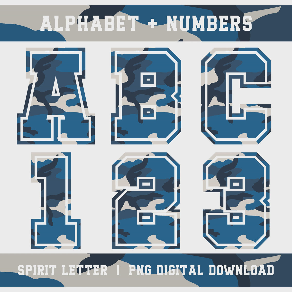 Blue Camouflage Varsity Alphabet and Numbers PNG Set slideshow