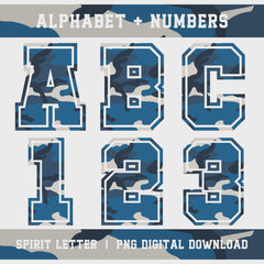 Blue Camouflage Varsity Alphabet and Numbers PNG Set slideshow