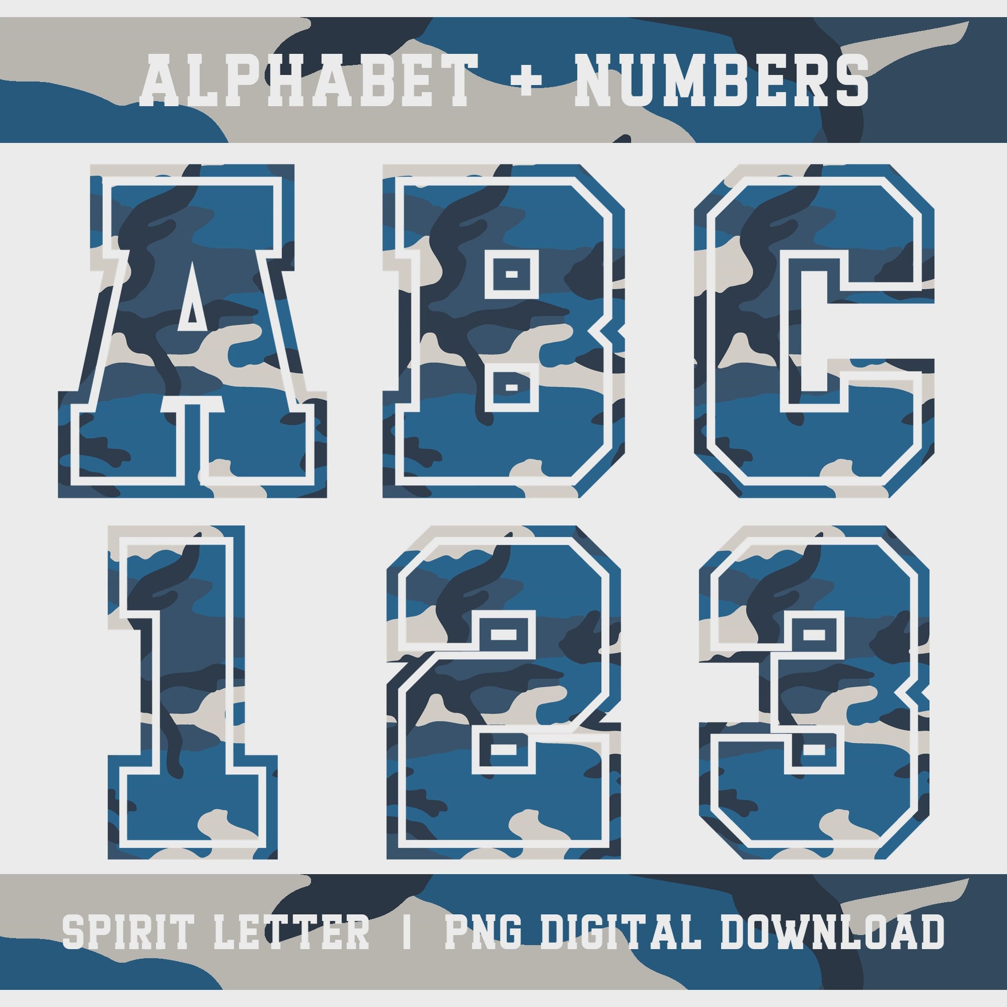 Blue Camouflage Varsity Alphabet and Numbers PNG Set slideshow