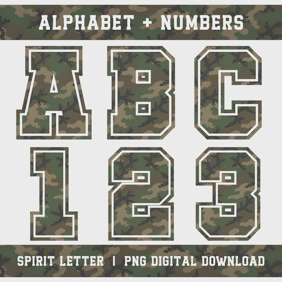 Woodland Camouflage Varsity Alphabet and Numbers PNG Set slideshow
