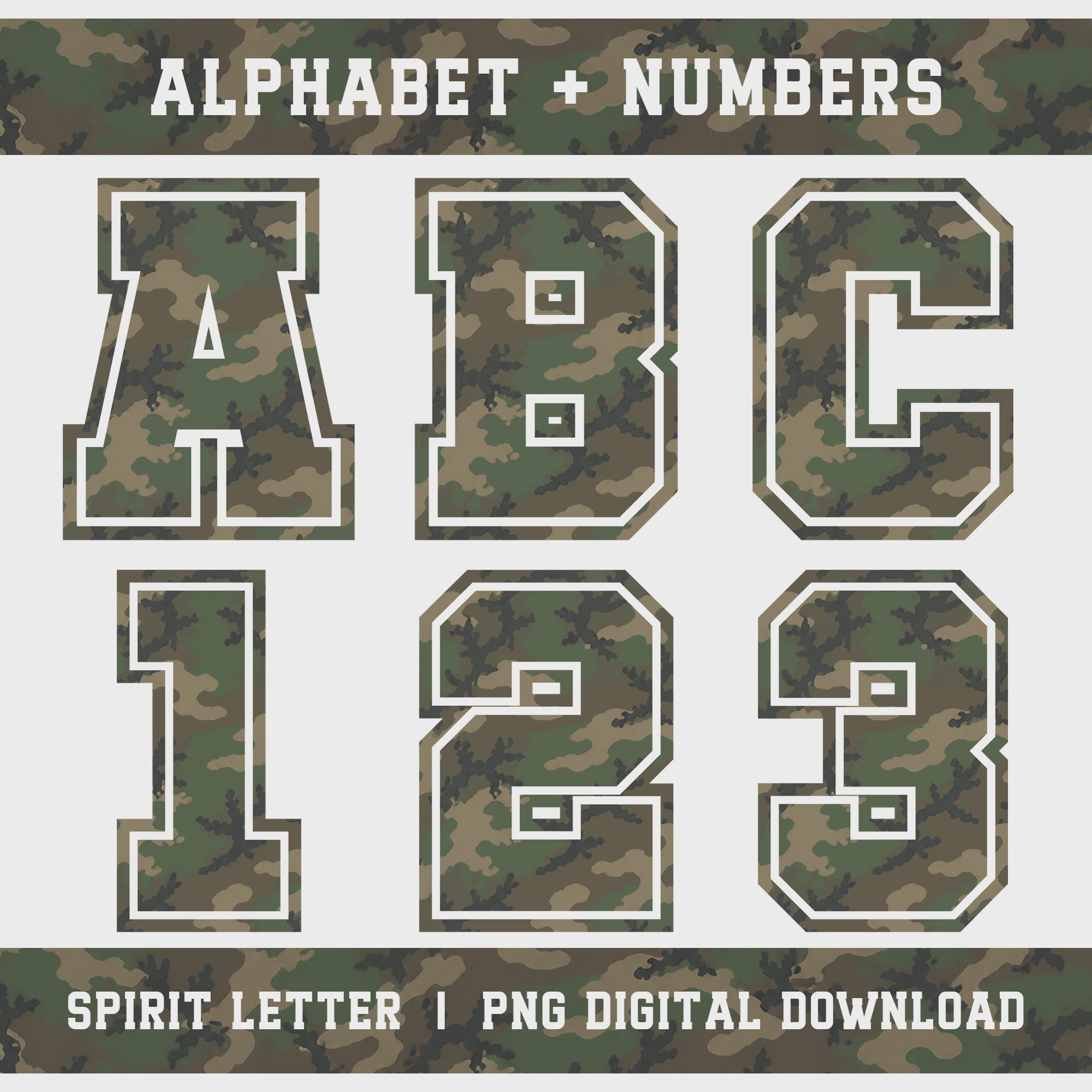 Woodland Camouflage Varsity Alphabet and Numbers PNG Set slideshow