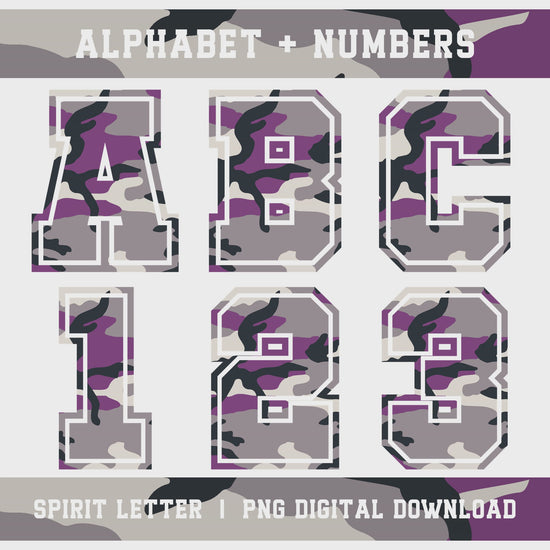 Purple Camouflage Varsity Alphabet and Numbers PNG Set slideshow