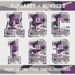 Purple Camouflage Varsity Alphabet and Numbers PNG Set slideshow