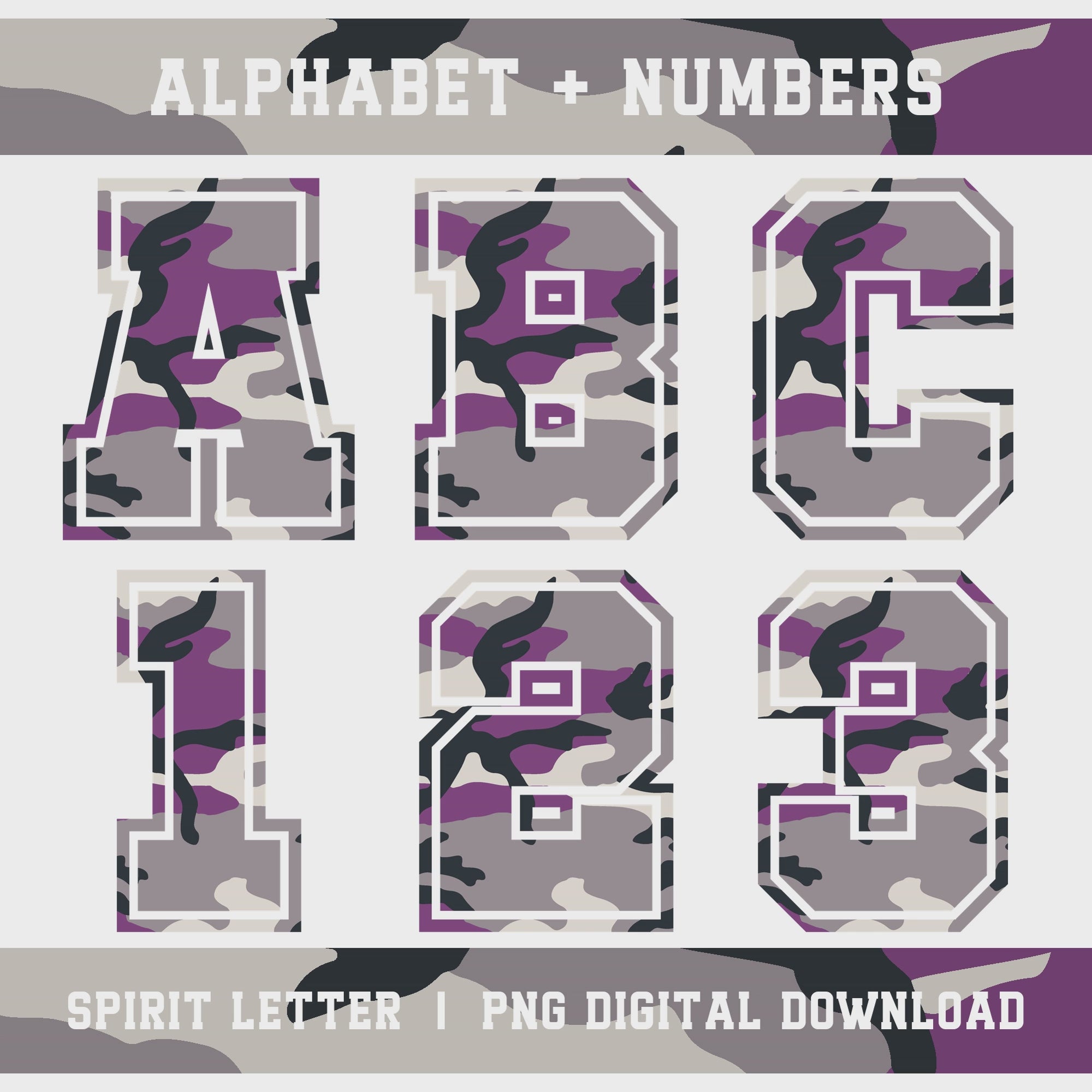 Purple Camouflage Varsity Alphabet and Numbers PNG Set slideshow