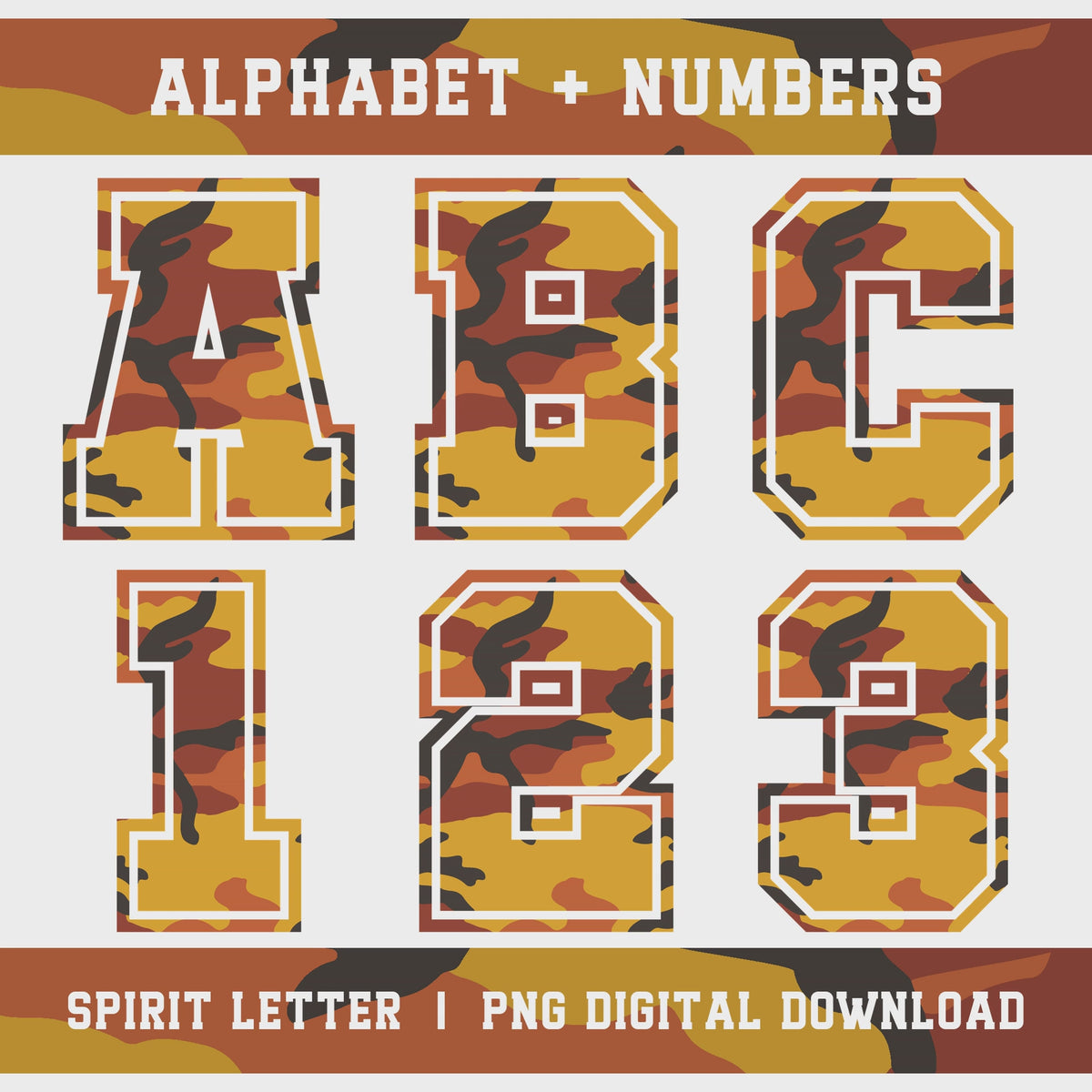 Orange Camouflage Varsity Alphabet and Numbers PNG Set slideshow