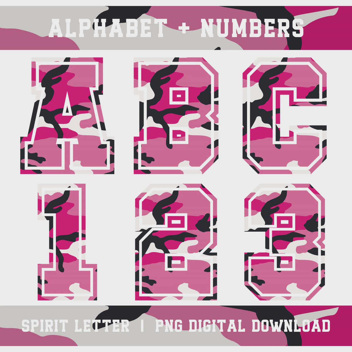 Pink Camouflage Varsity Alphabet and Numbers PNG Set slideshow