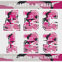 Pink Camouflage Varsity Alphabet and Numbers PNG Set slideshow